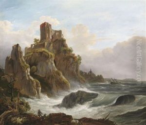 Fantasielandschaft - Ruine Auf Bizarren Klippen Bei Aufziehendem Regen by Joseph (Charles) Cogels