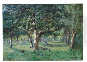 Besonnte Waldlandschaft Mit Eichen Und Weiden. Auf Einer Wiese, Neben Bachlauf, Sich Tummelnde Huhner by Marcel Cogniet