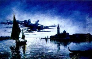 Mond Uber Der Lagune Von Venedig, Mit Blick Auf San Giorgio, Segelboot Und Gondel by Marcel Cogniet