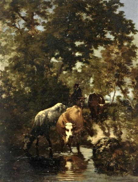 Vaches A La Mare Et Berger - view 1
