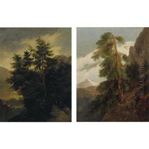 Stand Of Pines On A Rocky Outcropping (+ Pine Tree On A Hillside, A Snow Covered Mountain Beyond; 2 Works) by Jules Louis Phillipe Coignet