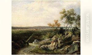 Vue De La Foret De Fontainebleau, Avec La Ville Et Le Chateau A L'arriere-plan by Jules Louis Phillipe Coignet
