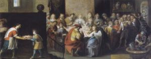 Die Rede Des Erzengels Raphael Zum Abschied Von Tobias Beim Hochzeitsmahl Von Sara Und Tobias by Michel Coignet