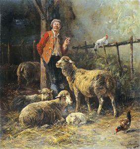 Homme Dans Une Grange De Moutons Homme Dans Une Grange De Moutons