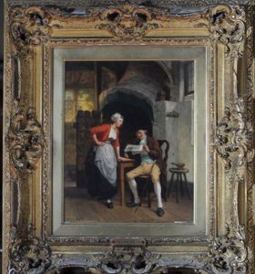 A Tavern Interior With A Serving Girl And An Elderly Gentleman Reading A Newspaper