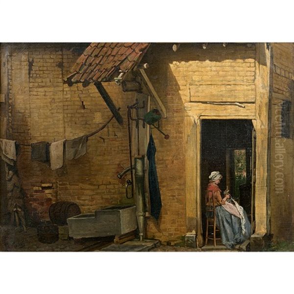 Jeune Femme Cousant A L'oree D'une Courette - view 1