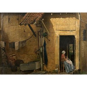 Jeune Femme Cousant A L'oree D'une Courette
