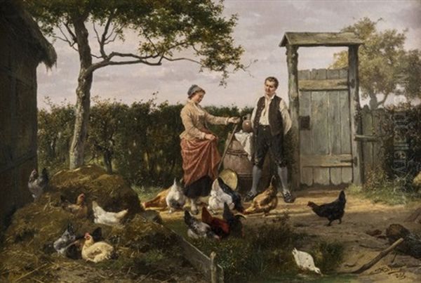 Chickens Feeding In A Farmyard by Jan David Col