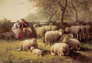 Sheep In A Shady Field With A Couple Seated On A Log Behind