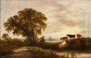 A South Country Landscape With Cattle By A Pool, And Another An Extensive Landscape With Herd Of Cattle Beneath A Spreading Tree, A Pair by George Cole