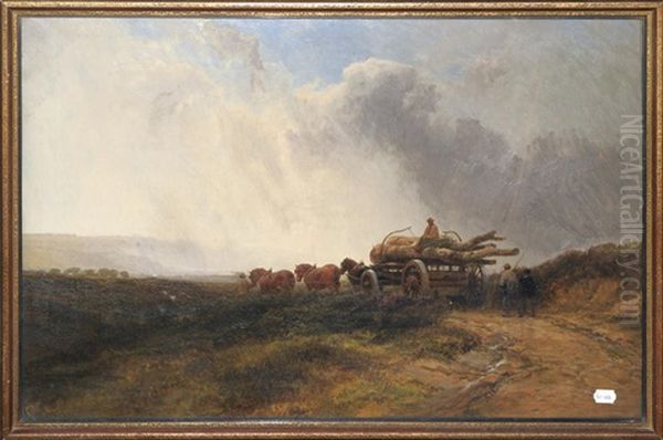 A Team Of Horses And Figures Hauling Timber On A Cart In An Open Landscape - view 1