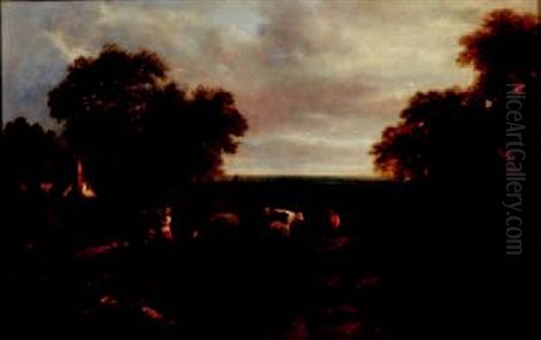 Rural Scene; Children Fishing From A Bridge, Cattle And Cottage Beyond - view 1