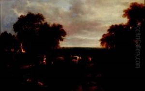 Rural Scene; Children Fishing From A Bridge, Cattle And Cottage Beyond