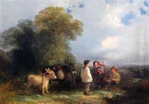 Travelers Resting On A Track With Two Donkeys And A Cart