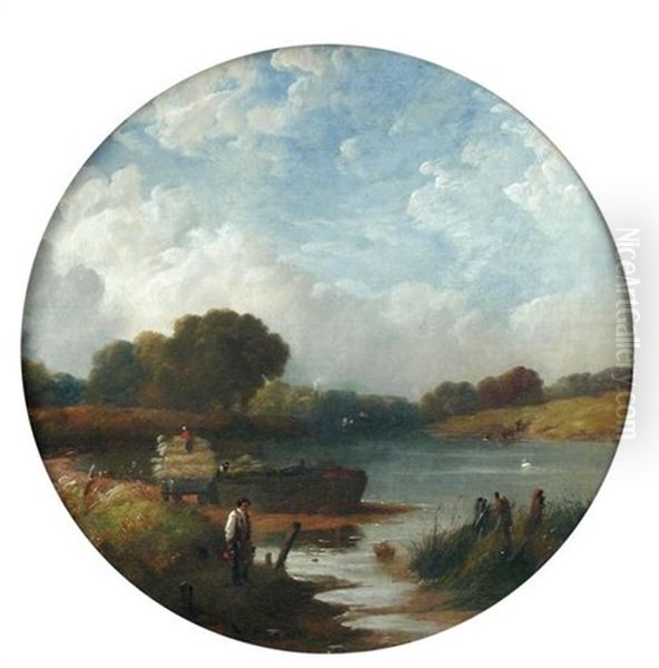 Harvesters Loading Stooks Onto A Barge On A River - view 1
