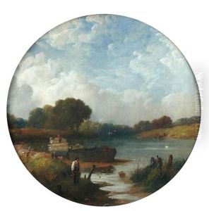Harvesters Loading Stooks Onto A Barge On A River