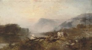 Travellers Resting On A River Bank In An Upland Landscape