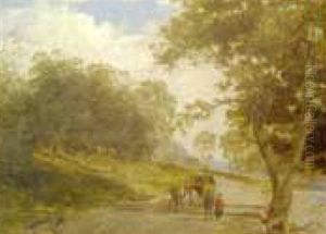 Travelers On A Wooded Path Near A Stream by George Cole