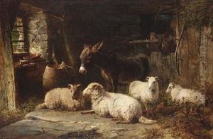 A Welsh Interior With Sheep And Donkey by George Cole