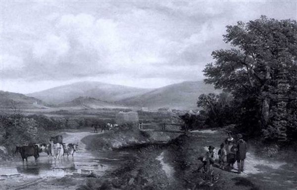Figures On Path Near Watering Cattle In Extensive Landscape - view 1