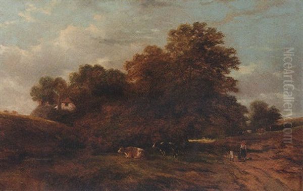 Children On A Wooded Path With A Cottage Beyond - view 1