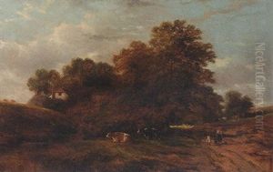 Children On A Wooded Path With A Cottage Beyond by George Cole
