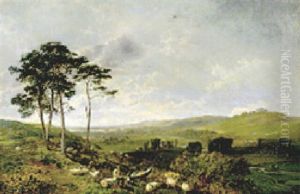 A Shepherd And His Flock In A Landscape by George Cole