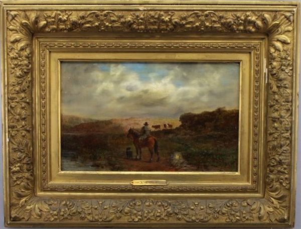 A Figure On Horseback With Livestock In The Background - view 1