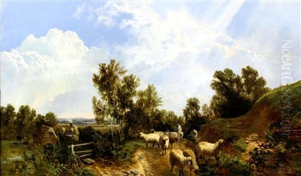 Rural Landscape With Sheep And Shepherd On A Path With A Stile And Cottages - view 1