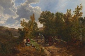Figures And Wagons On A Road by George Vicat Cole
