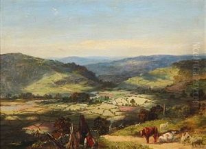 English Summer Landscape With A Shepherd Herding Sheep And Cattle by George Vicat Cole