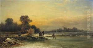 A Fisherman And His Family By A Frozen River, A Windmill Beyond by George Vicat Cole