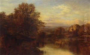 A River Landscape At Dusk With A Woman And A Dog On A Path And Cattle Watering A River Landscape At Dusk With A Woman And A Dog On A Path And Cattle Watering