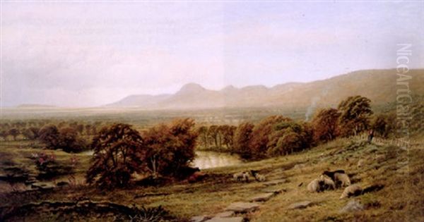 A Hunt In Progress In An Extensive River Landscape With Hills Beyond, Cattle And Sheep In The Foreground, A Farmer To The Right - view 1