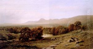 A Hunt In Progress In An Extensive River Landscape With Hills Beyond, Cattle And Sheep In The Foreground, A Farmer To The Right by George Vicat Cole