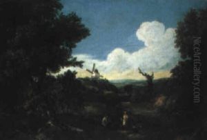Country Folk On A Lane, A Windmill Beyond