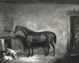 Bay Hunter In A Loose Box With Terriers Bay Hunter In A Loose Box With Terriers