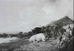Figures, Cattle And A Donkey Before A Barn, A River         Landscape Beyond by George Vicat Cole