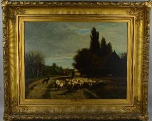 Village Scene With Figures, Shepherd And Sheep by Joseph Foxcroft Cole