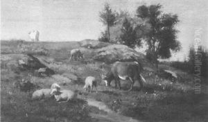 Sheep And Cattle In A Rocky Field by Joseph Foxcroft Cole