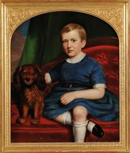 Portrait Of A Boy In Blue Seated Beside His Dog On A Red Upholstered Sofa by Joseph Greenleaf Cole