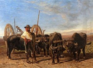 Buffalo And Buffalo Carts In The Roman Campania (+ Buffalo And Buffalo Carts In The Roman Campania; Pair) by Charles Coleman