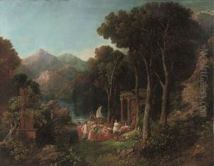 A Mountainous Wooded River Landscape With A Bacchanal by Charles Coleman