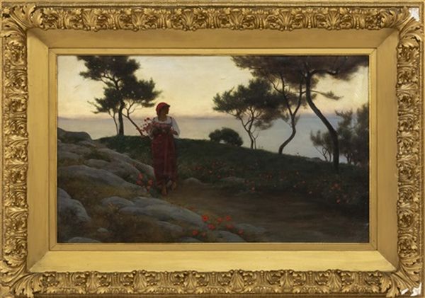 A Woman Gathering Red Flowers Along The Coast - view 1