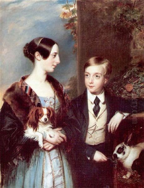 A Portrait Of A Mother With A Tartan Shawl And Her Son With Their Pet Dog And Rabbits - view 1