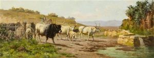 Oxen Approaching Watering Hole