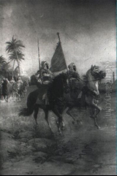 Arabs On Horseback Carrying A Red Flag - view 1