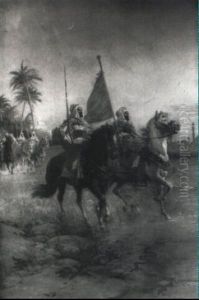 Arabs On Horseback Carrying A Red Flag by Francesco Coleman