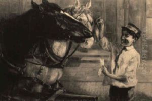 Tram Conductor Feeding Banana Peel To Horses Tram Conductor Feeding Banana Peel To Horses