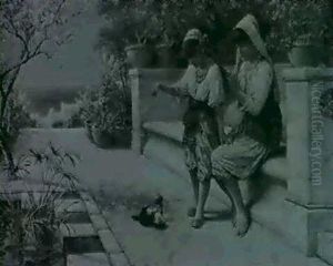 Two Pretty Young Girls Playing Ball With A Kitten On A Classical Marble Loggia by William Stephen Coleman